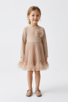 Iga beige long-sleeved dress for girls with a tulle bow – full-length front view