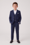 Liam navy four-piece suit for boys – blazer, waistcoat and trousers on a model, full-length front view