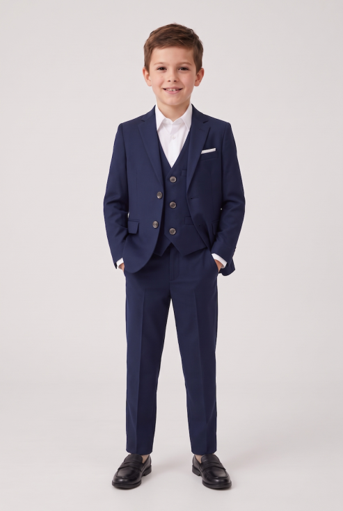 Liam navy four-piece suit for boys – blazer, waistcoat and trousers on a model, full-length front view