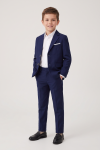 Liam navy suit for boys – open blazer and trousers on a model, half-turn view