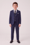 Liam navy suit for boys – blazer, waistcoat, trousers and tie on a model, front view