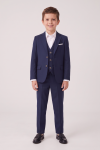 Liam navy suit for boys – blazer, waistcoat and trousers on a model, arms by his sides