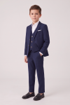 Liam navy suit for boys – blazer, waistcoat and trousers on a model, half-profile view