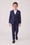 Liam navy suit for boys – blazer, waistcoat and trousers on a model in motion
