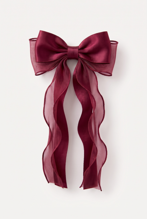 Burgundy satin and organza bow hair clip for girls – front view on a white background
