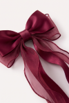 Burgundy bow hair clip for girls – close-up of the satin loops and sheer organza