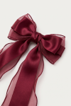 Burgundy bow hair clip for girls – close-up of the knot, satin loops and organza