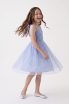 Rina light cornflower blue dress for girls – flared tulle skirt with colourful sequins, girl twirling, full length