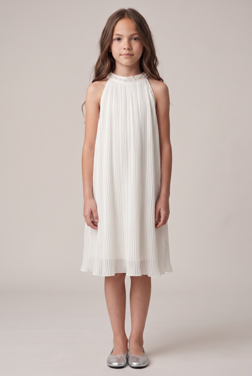 Rozalia white pleated Communion dress for girls with halter neck and pearls – full-length front view