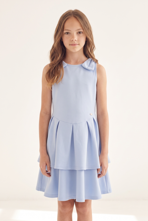 Harper light blue occasion dress for girls, sleeveless with bows on the shoulders – front view