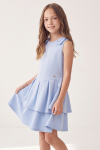 Harper light blue dress for girls – two-layer skirt with pleats, three-quarter view