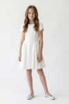 Rumi white dress for girls with round neckline and tulip sleeves – full-length front view