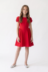 Rumi red party dress for girls with tulip sleeves – full-length front view