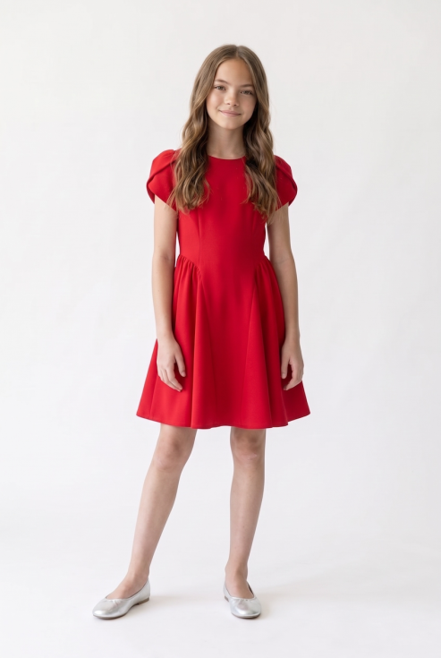Rumi red party dress for girls with tulip sleeves – full-length front view