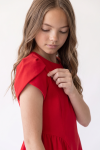 Rumi red dress for girls – close-up of the tulip sleeve and round neckline