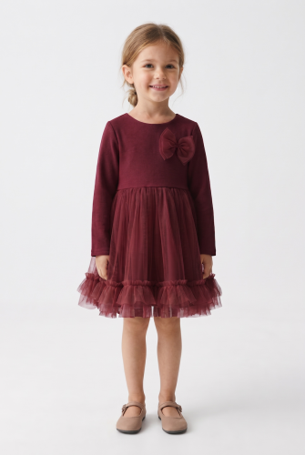 Iga Burgundy Long Sleeve Tulle Party Dress for Girls – Christmas and Family Parties