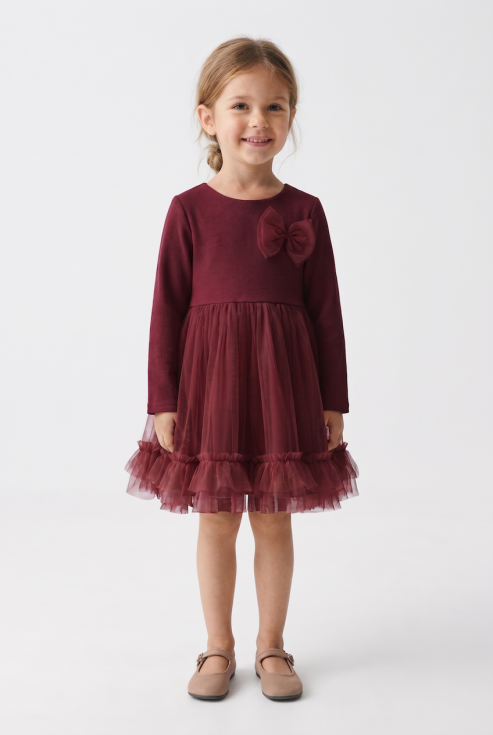 Iga burgundy tulle dress for girls with a bow on the chest – full-length front view