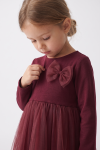 Iga burgundy dress for girls – close-up of the knit top with the tulle bow
