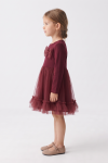 Iga burgundy dress for girls – profile with the bow on the chest and the tulle ruffle at the hem