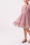 Iga dusty pink dress for girls – flared tulle skirt with a ruffle and the bow on the chest