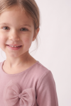 Iga dusty pink dress for girls – close-up of the round neckline and tulle bow on the chest