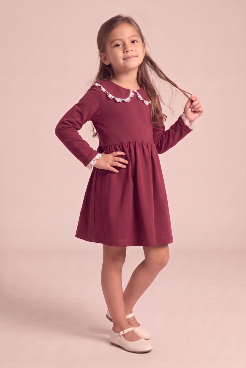Estera burgundy dress for girls with a lace collar and long sleeves – full-length front view