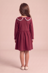 Estera burgundy dress for girls – back view, concealed zip and split collar with white lace
