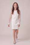 Vivienne white dress for girls, straight cut above the knee – smiling girl mid-step, front view