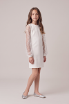 Vivienne white dress for girls with long tulle sleeves – full length, three-quarter front view