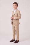 Liam beige suit for boys – open blazer and button waistcoat, three-quarter front view