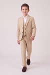 Liam beige suit for boys – open blazer, button waistcoat and trousers, front view