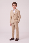 Liam beige suit for boys – buttoned blazer and trousers, hand in pocket, full-length front view