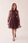 Holly chocolate brown dress for girls with tulle sleeves and a two-tier skirt – full-length front view