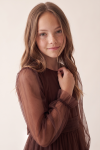 Holly chocolate brown dress for girls – tulle sleeve with a ruffle at the cuff and round neckline, close-up