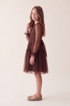 Holly chocolate brown dress for girls with a bow at the back of the waist and tulle skirt – side view