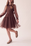 Holly chocolate brown dress for girls with a two-tier tulle skirt and draped waistband – in motion