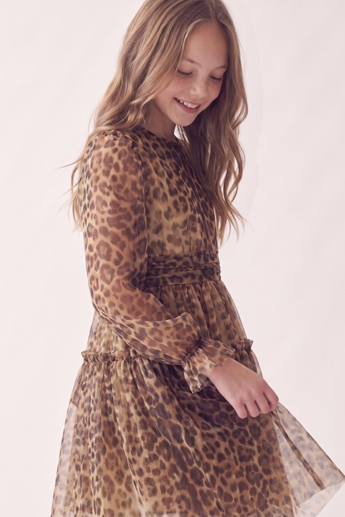 Holly leopard print party dress for girls – tulle sleeve with a ruffle at the cuff, side view