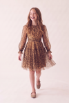 Holly leopard print dress for girls – long tulle sleeves and gathered waistband, front view