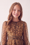 Holly leopard print dress for girls – round neckline and gathered waistband, front view