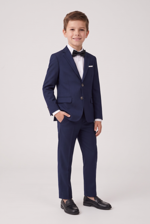 Sam navy suit for boys with blazer, trousers and black bow tie – boy facing the camera, full length