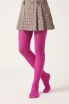 Fuchsia 40 denier opaque tights for girls on a model with a checked skirt – front view