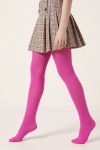 Fuchsia opaque tights for girls on a model with a pleated checked skirt – side view, mid-step