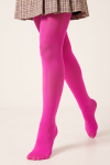 Fuchsia opaque tights for girls on a model – close side view, mid-step