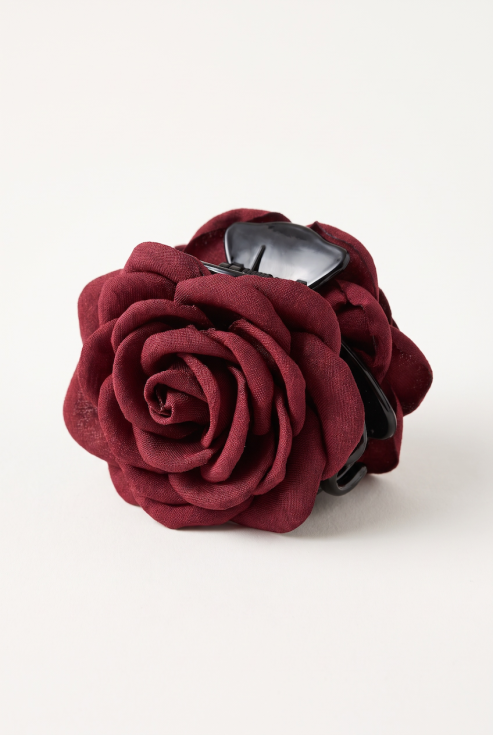 Burgundy fabric flower claw clip for girls – three-quarter front view