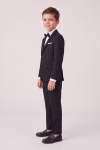 Sam black suit for boys with bow tie – blazer and creased trousers from the side, full length